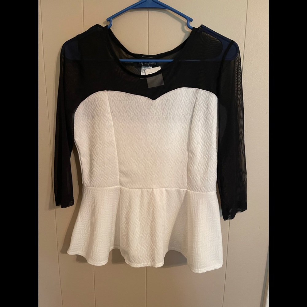 NWT White peplum top with Black sheer 3/4 sleeves